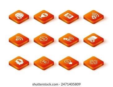Set 5G network, Wi-Fi wireless, Processor and Sim card rejected icon. Vector