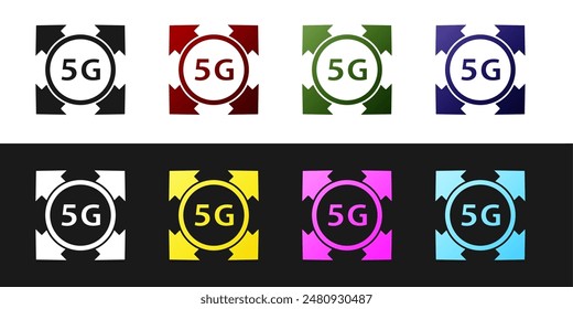 Set 5G new wireless internet wifi connection icon isolated on black and white background. Global network high speed connection data rate technology.  Vector