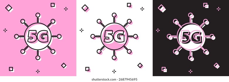 Set 5G new wireless internet wifi connection icon isolated on pink and white, black background. Global network high speed connection data rate technology.  Vector