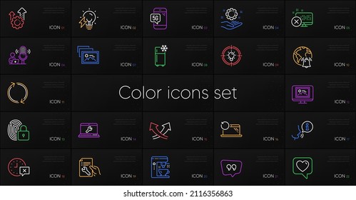 Set of 5g phone, Heart and Repair document line icons. Include Employee hand, Recovery laptop, Quote bubble icons. Reject access, Time, Intersection arrows web elements. Seo gear. Vector