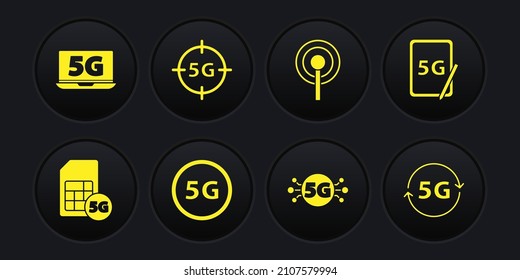 Indique la tarjeta SIM 5G, la tableta gráfica con, la red, la antena y el icono de la laptop. Vector