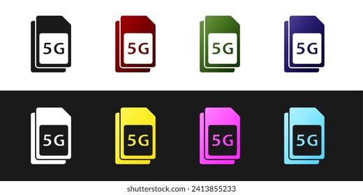 Set 5G Sim Card icon isolated on black and white background. Mobile and wireless communication technologies. Network chip electronic connection.  Vector