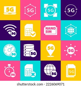 Set 5G Sim Card, network, Social, card, Laptop with and Nano icon. Vector