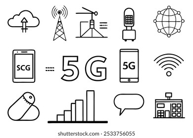 Set of 5G Technology line art illustration 