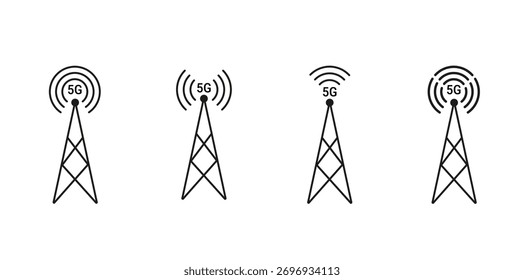 Set of 5G tower icons representing telecommunication infrastructure, mobile signal, wireless technology, and high-speed next-generation internet.