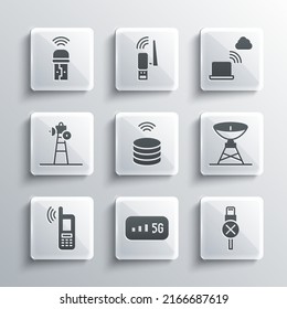 Set 5G wireless internet, No usb cable cord, Satellite dish, Smart data server, Mobile with wi-fi, Usb adapter and Network cloud connection icon. Vector