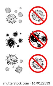 Set of 6 2019-nCoV bacteria isolated on white background. few Coronavirus in red circle vector Icon. COVID-19 bacteria corona virus disease sign. SARS pandemic concept symbol. Pandemic. Human health.