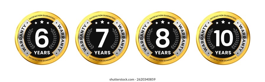 Conjunto de 6, 7, 8, 10 años de oro de Garantía premium y elegante diseño circular. Para el estilo de lujo de la etiqueta engomada de la calidad del producto. Ilustración vectorial