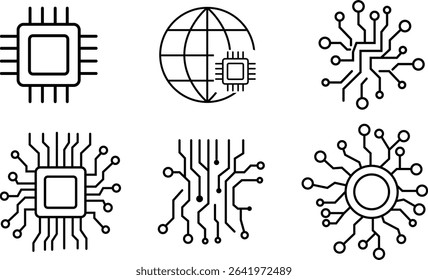 Set of 6 abstract black and white icons symbolizing technology and digital circuits