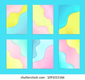 Set of 6 abstract and bright summer realistic smooth liquid backgrounds with stylish gradient colors. Colorful wavy flow shapes composition collection. Trendy gradients backdrop Eps10 editable vector.