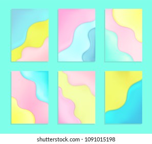 Set of 6 abstract and bright summer realistic smooth liquid backgrounds with stylish gradient colors. Colorful wavy flow shapes composition collection. Trendy gradients backdrop Eps10 editable vector.