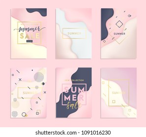 Set of 6 abstract and bright summer realistic smooth liquid backgrounds with stylish gradient colors. Colorful wavy flow shapes composition collection. Trendy gradients backdrop Eps10 editable vector.