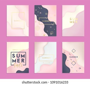 Set of 6 abstract and bright summer realistic smooth liquid backgrounds with stylish gradient colors. Colorful wavy flow shapes composition collection. Trendy gradients backdrop Eps10 editable vector.