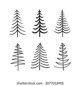 Set von 6 abstrakten Weihnachtsbäumen. Schwarze Vektorgrafik in handgezeichnet Stil ist einzeln auf weißem Hintergrund.