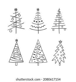 Set of 6 abstract Christmas trees with decorations. Black vector illustration in hand drawn style is isolated on white background.
