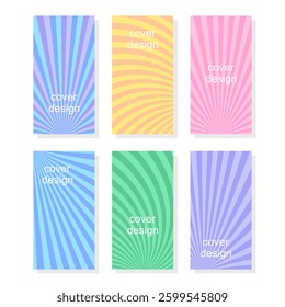 Set of 6 abstract cover templates. Radial line patterns. Linear backgrounds for catalogs, corporate brochures, social media. Line texture, title header elements. Sun rays. Vector illustration.