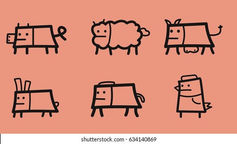 Set of 6 abstract cute simple childish farm animals - doodle icons