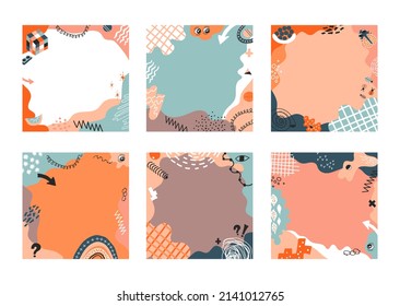 Set of 6 Abstract frames. Vector border with with spots, eye, cube, insects,  lines, elements, symbols. Trendy background with place for text