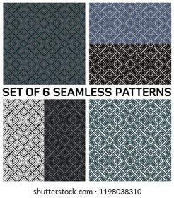 Set of 6 abstract modern geometric seamless patterns with decorative ornament of black, gray, and white shades