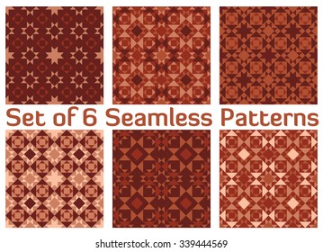 Set of 6 abstract modern geometric seamless patterns with triangles and squares of beige, bisque, dark coral and brown shades