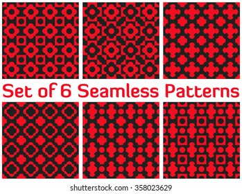 Set of 6 abstract modern seamless patterns with various geometric shapes of red and black shades