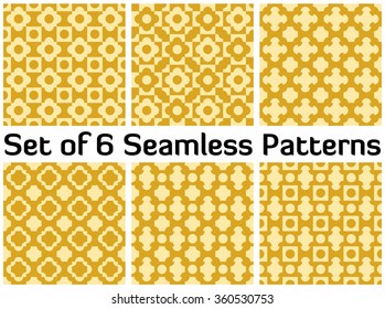 Set of 6 abstract modern seamless patterns with various geometric shapes of golden shades