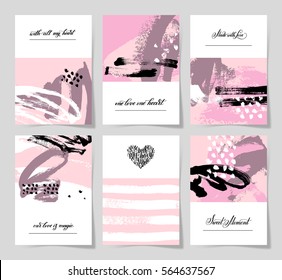 set of 6 abstract painting background with love hand written lettering A4 format to poster, greeting card, wedding invitation and romantic design, vector illustration collection