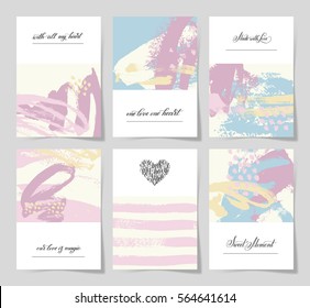 set of 6 abstract painting background with love hand written lettering A4 format to poster, greeting card, wedding invitation and romantic design, vector illustration collection
