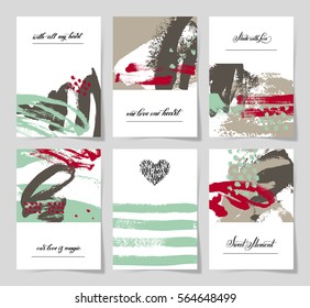 set of 6 abstract painting background with love hand written lettering A4 format to poster, greeting card, wedding invitation and romantic design, vector illustration collection