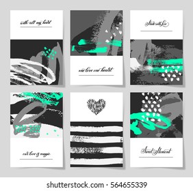 set of 6 abstract painting background with love hand written lettering A4 format to poster, greeting card, wedding invitation and romantic design, vector illustration collection