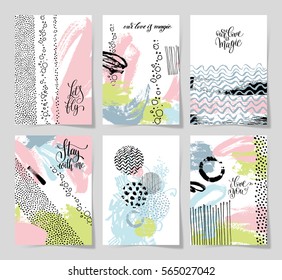 set of 6 abstract painting background with love hand written lettering A4 format to poster, greeting card, wedding invitation and romantic design, vector illustration collection