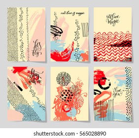 set of 6 abstract painting background with love hand written lettering A4 format to poster, greeting card, wedding invitation and romantic design, vector illustration collection