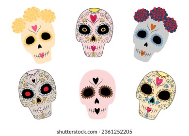 Set of 6 abstract patterned sugar skulls in trendy hues. Day of the Dead. Dia de los Muertos. Vector