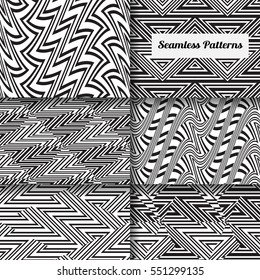Set of 6 Abstract patterns. Black and white geometric seamless vector backgrounds.