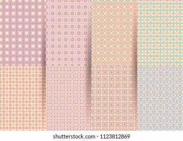 Set of 6 abstract seamless checkered geometric patterns. Vector pink geometric ackground for fabrics, prints, children's clothes. Suits for Decorative Paper, Fashion Design and House Interior Design.