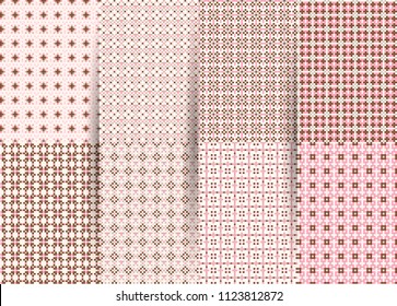 Set of 6 abstract seamless checkered geometric patterns. Vector pink geometric ackground for fabrics, prints, children's clothes. Suits for Decorative Paper, Fashion Design and House Interior Design.