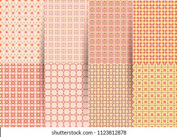 Set of 6 abstract seamless checkered geometric patterns. Vector pink geometric ackground for fabrics, prints, children's clothes. Suits for Decorative Paper, Fashion Design and House Interior Design.