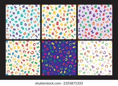 set of 6 abstract seamless patterns. ABC and Numbers seamless patterns  