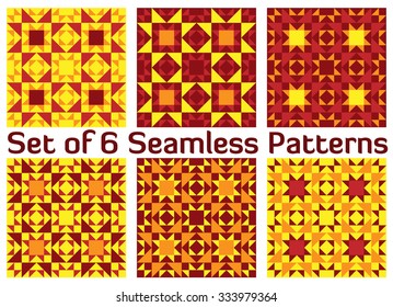 Set of 6 abstract stylish geometric seamless patterns with triangles and squares of yellow, vinous, orange and cherry shades