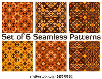 Set of 6 abstract stylish geometric seamless patterns with triangles and squares of black, brown, yellow and orange shades