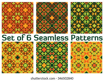 Set of 6 abstract stylish geometric seamless patterns with triangles and squares of green, orange, brown and yellow shades