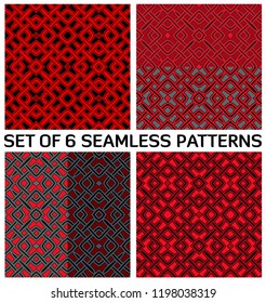 Set of 6 abstract trendy geometric seamless patterns with decorative ornament of red, black, and gray shades