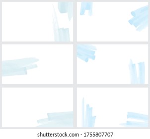 Set of 6 Abstract Vector Layouts. Blue Hand Drawn Scribbles Isolated on a White Background. Simple Watercolor Style Geometric Print Ideal for Visit Cards, Tags. Modern Freehand Vector Blanks.