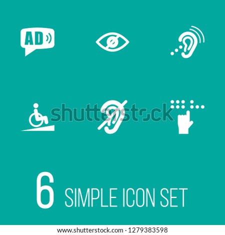 Set of 6 accessibility icons set. Collection of springboard, assistive technology, no looking and other elements.