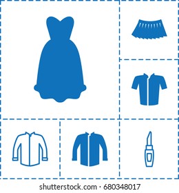 set of 6 accessories filled and outline icons such as jacket, skirt, dress