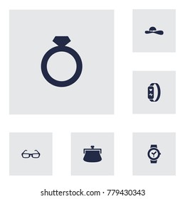 Set Of 6 Accessories Icons Set.Collection Of Diamond, Clock, Purse And Other Elements.