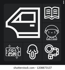 Set of 6 adult outline icons such as handcuffs, car door, scream, doctor, selfie