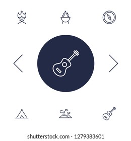 Set of 6 adventure icons line style set. Collection of landscape, acoustic, tent elements.