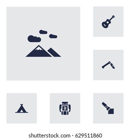 Set Of 6 Adventure Icons Set.Collection Of Jackknife, Tent, Landscape Elements.