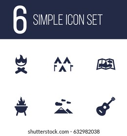 Set Of 6 Adventure Icons Set.Collection Of Bbq, Camp, Map And Other Elements.
